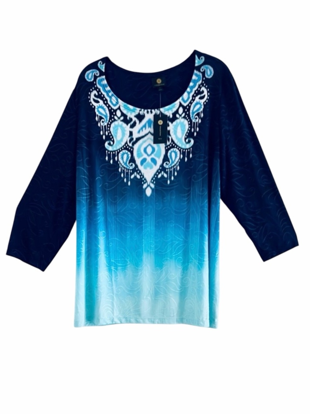JM Collection Navy to Aqua Ombre Paisley Scoop Neck Tunic Size 2X